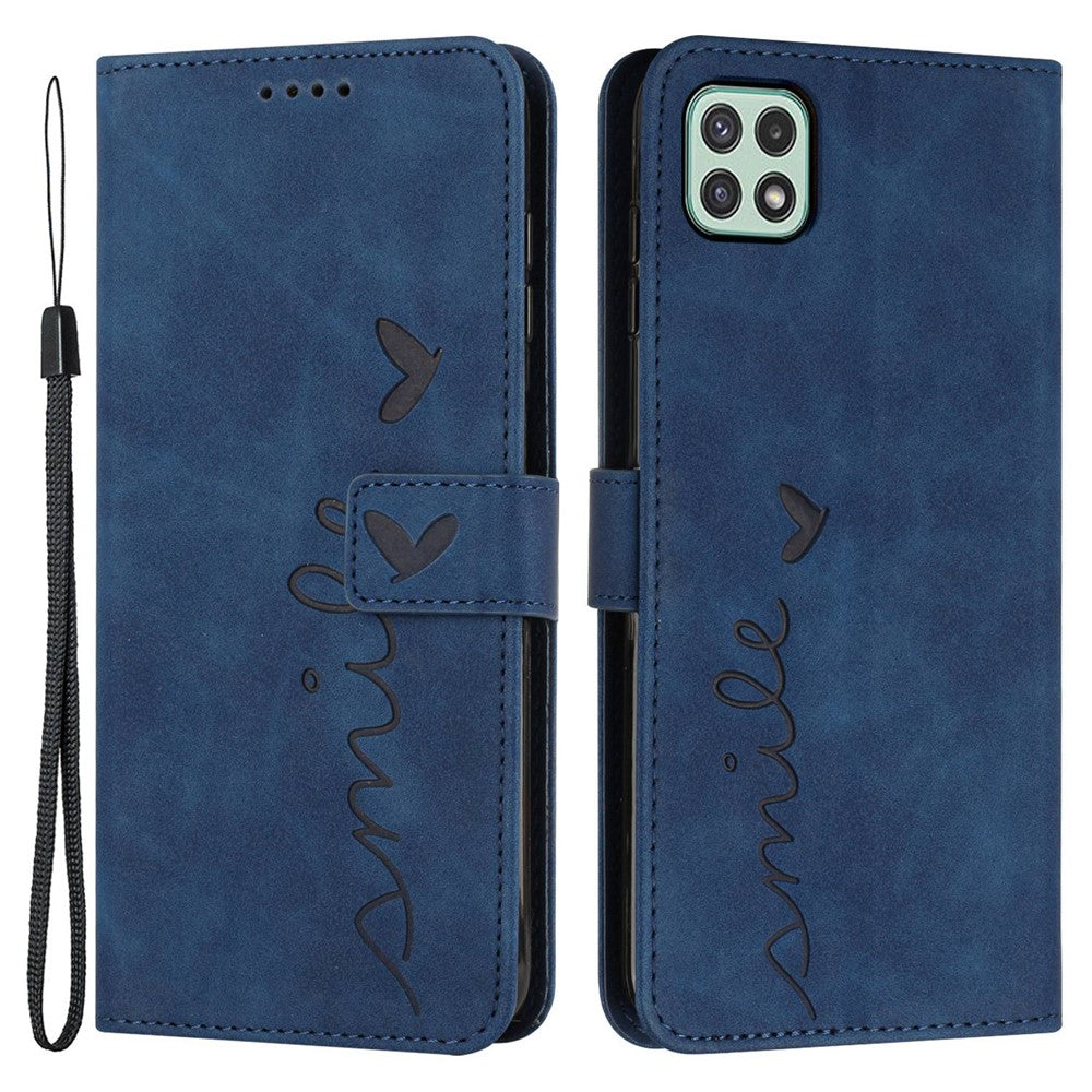 For Samsung Galaxy A22 5G/A22s 5G (EU Version) Skin-touch Feeling Heart Shape Imprinted Hands-free Stand Phone Case PU Leather Wallet Shell with Strap