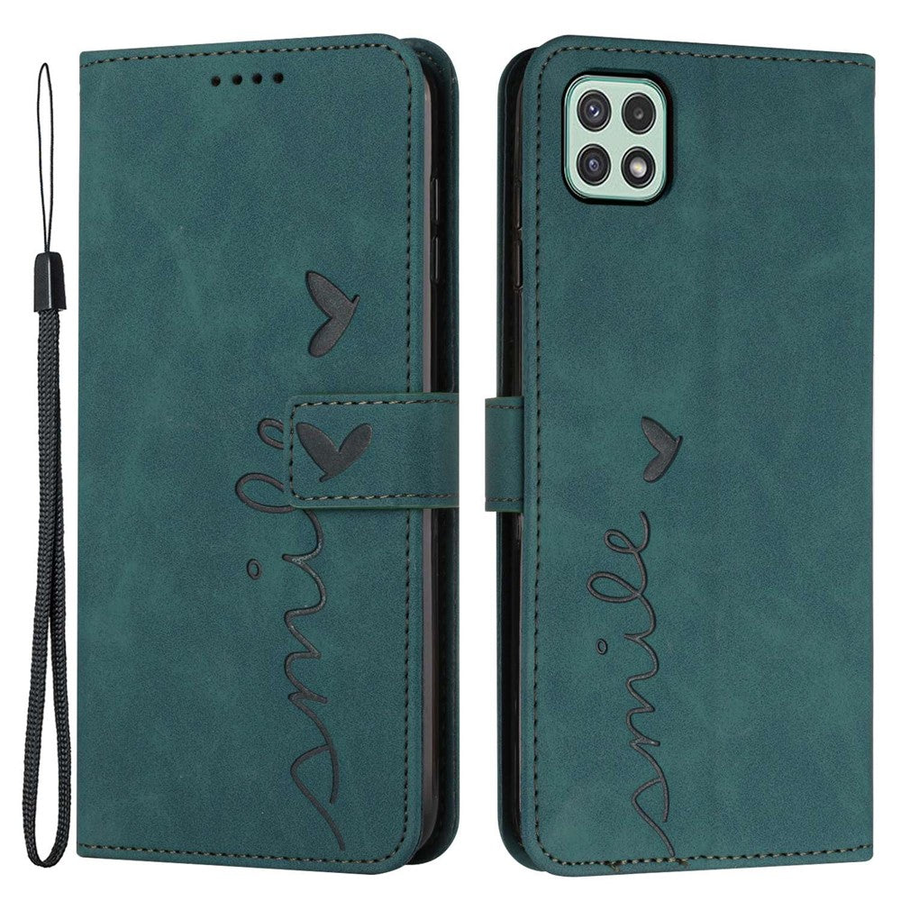 For Samsung Galaxy A22 5G/A22s 5G (EU Version) Skin-touch Feeling Heart Shape Imprinted Hands-free Stand Phone Case PU Leather Wallet Shell with Strap
