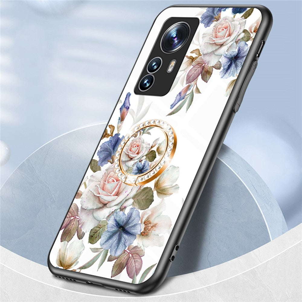 For Xiaomi 12X 5G/12 5G/12S 5G Anti-drop Flower Pattern Printed Back Cover TPU+PC+Tempered Glass Scratch-proof Phone Case with Kickstand