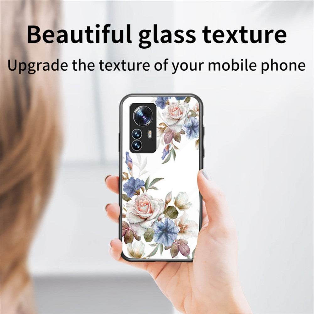 For Xiaomi 12X 5G/12 5G/12S 5G Anti-drop Flower Pattern Printed Back Cover TPU+PC+Tempered Glass Scratch-proof Phone Case with Kickstand
