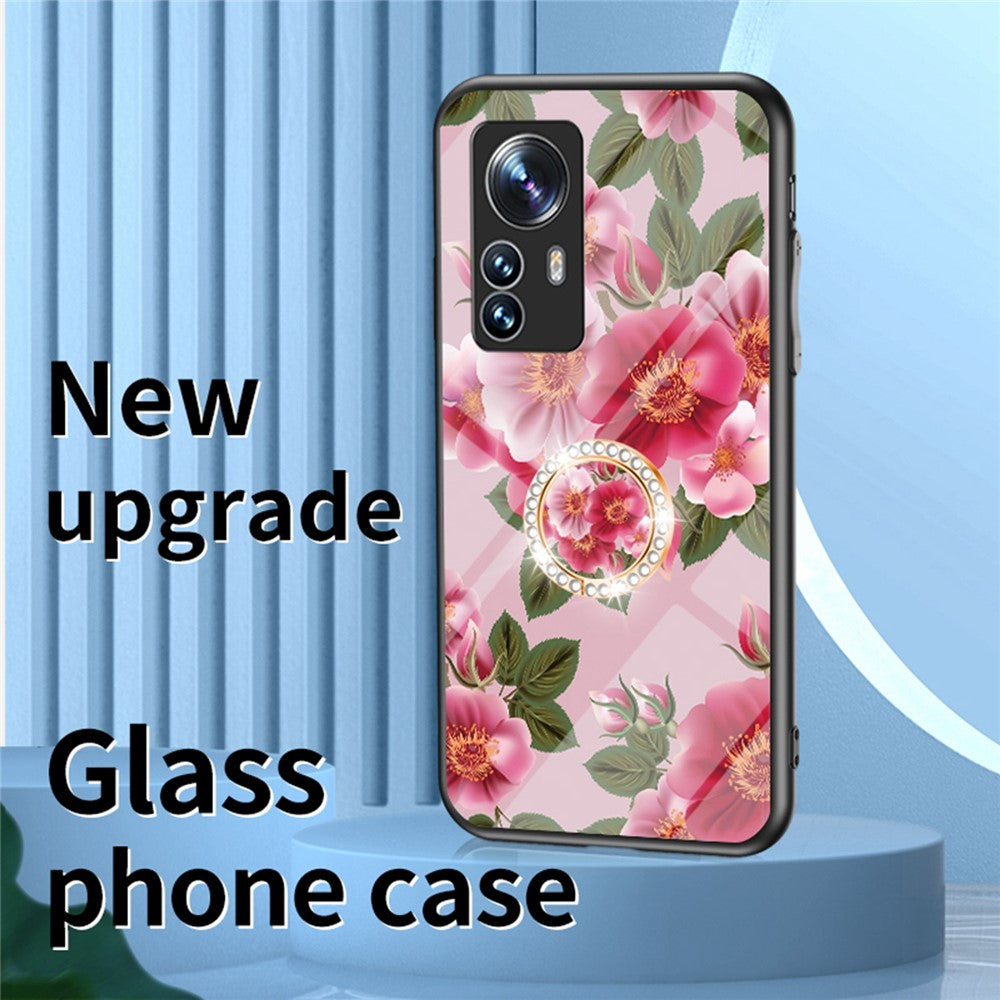 For Xiaomi 12X 5G/12 5G/12S 5G Anti-drop Flower Pattern Printed Back Cover TPU+PC+Tempered Glass Scratch-proof Phone Case with Kickstand