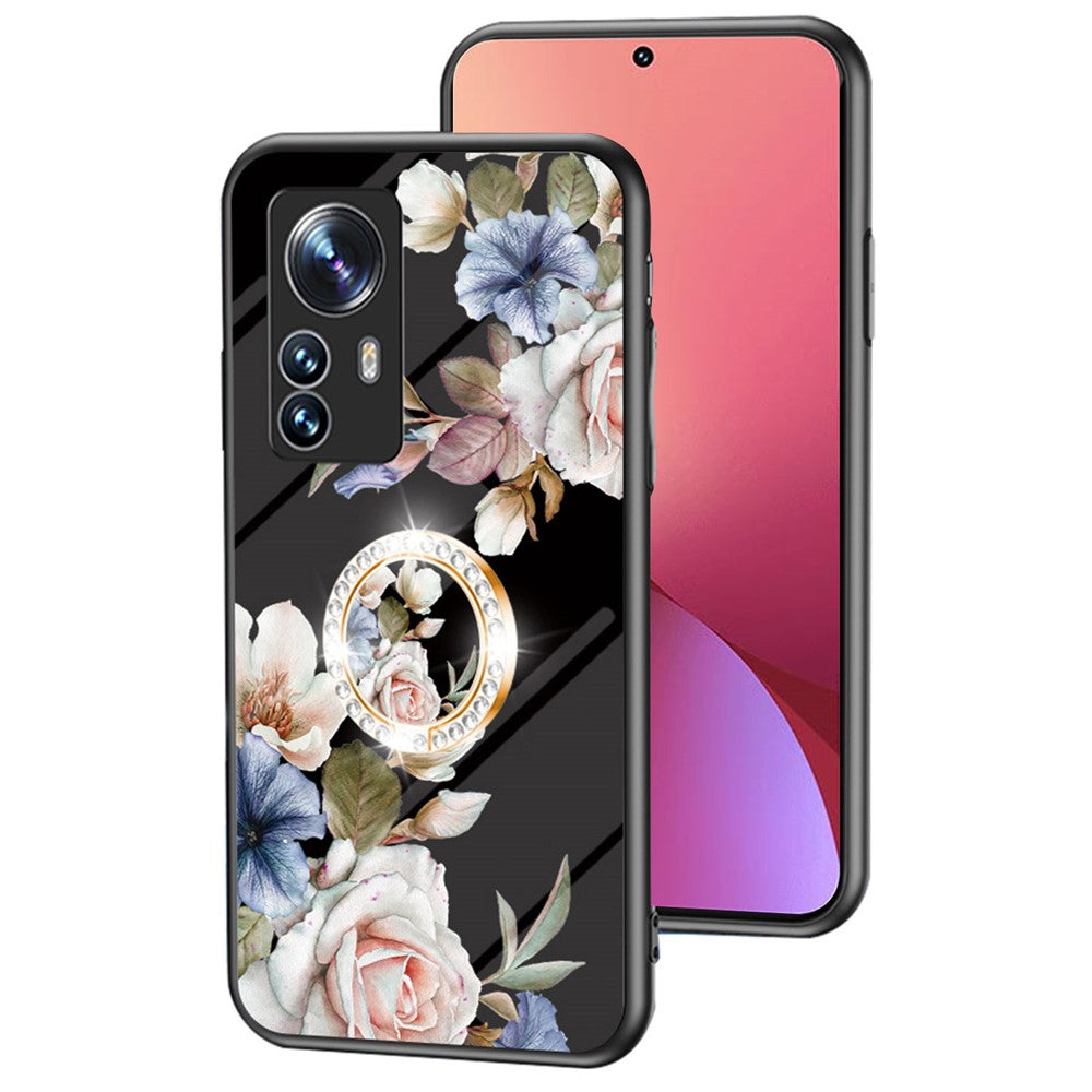 For Xiaomi 12X 5G/12 5G/12S 5G Anti-drop Flower Pattern Printed Back Cover TPU+PC+Tempered Glass Scratch-proof Phone Case with Kickstand