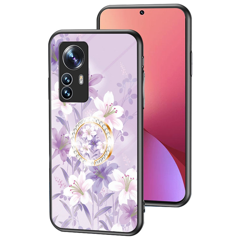 Xiaomi 12X 5G/12 5G/12S 5G Fallskyddande blommönster tryckt bakstycke TPU+PC+härdat glas Reptåligt mobilskal med stöd
