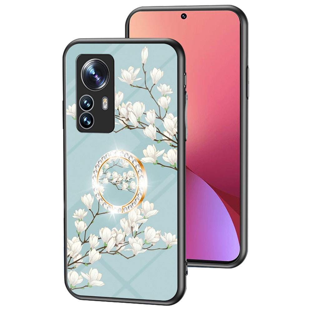 Xiaomi 12X 5G/12 5G/12S 5G Fallskyddande blommönster tryckt bakstycke TPU+PC+härdat glas Reptåligt mobilskal med stöd