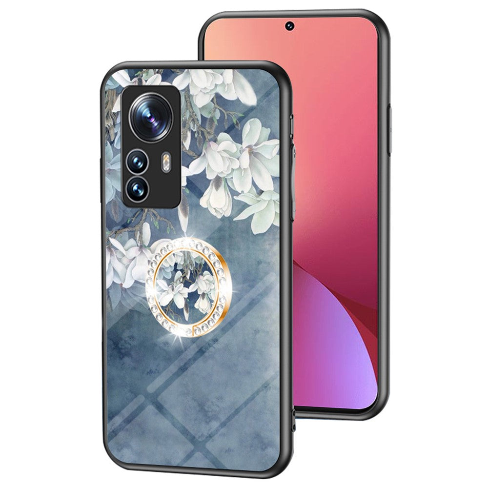Xiaomi 12X 5G/12 5G/12S 5G Fallskyddande blommönster tryckt bakstycke TPU+PC+härdat glas Reptåligt mobilskal med stöd