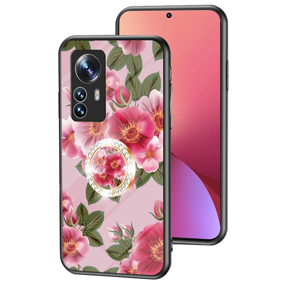 Xiaomi 12X 5G/12 5G/12S 5G Fallskyddande blommönster tryckt bakstycke TPU+PC+härdat glas Reptåligt mobilskal med stöd