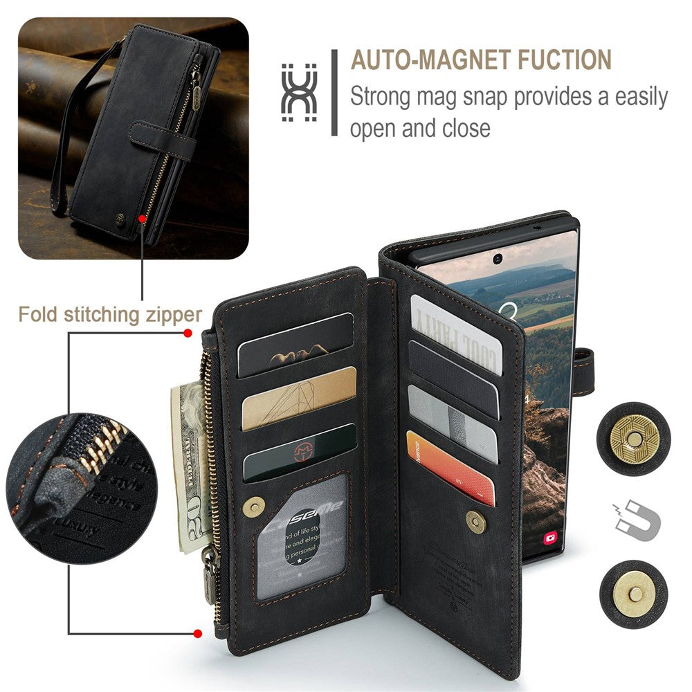 For Samsung Galaxy S22 Ultra 5G Phone Cases with Strap CASEME C30 Zipper Multiple Card Holder PU Leather Cover