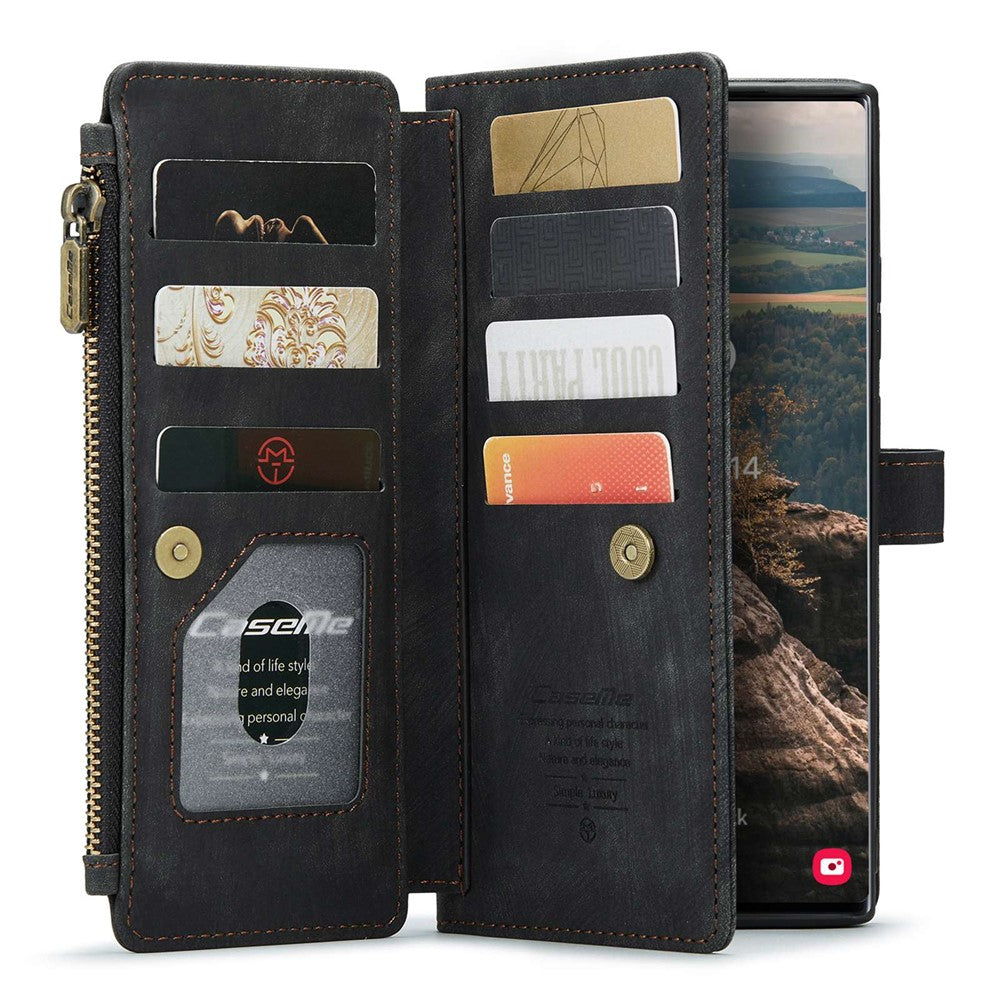 For Samsung Galaxy S22 Ultra 5G Phone Cases with Strap CASEME C30 Zipper Multiple Card Holder PU Leather Cover