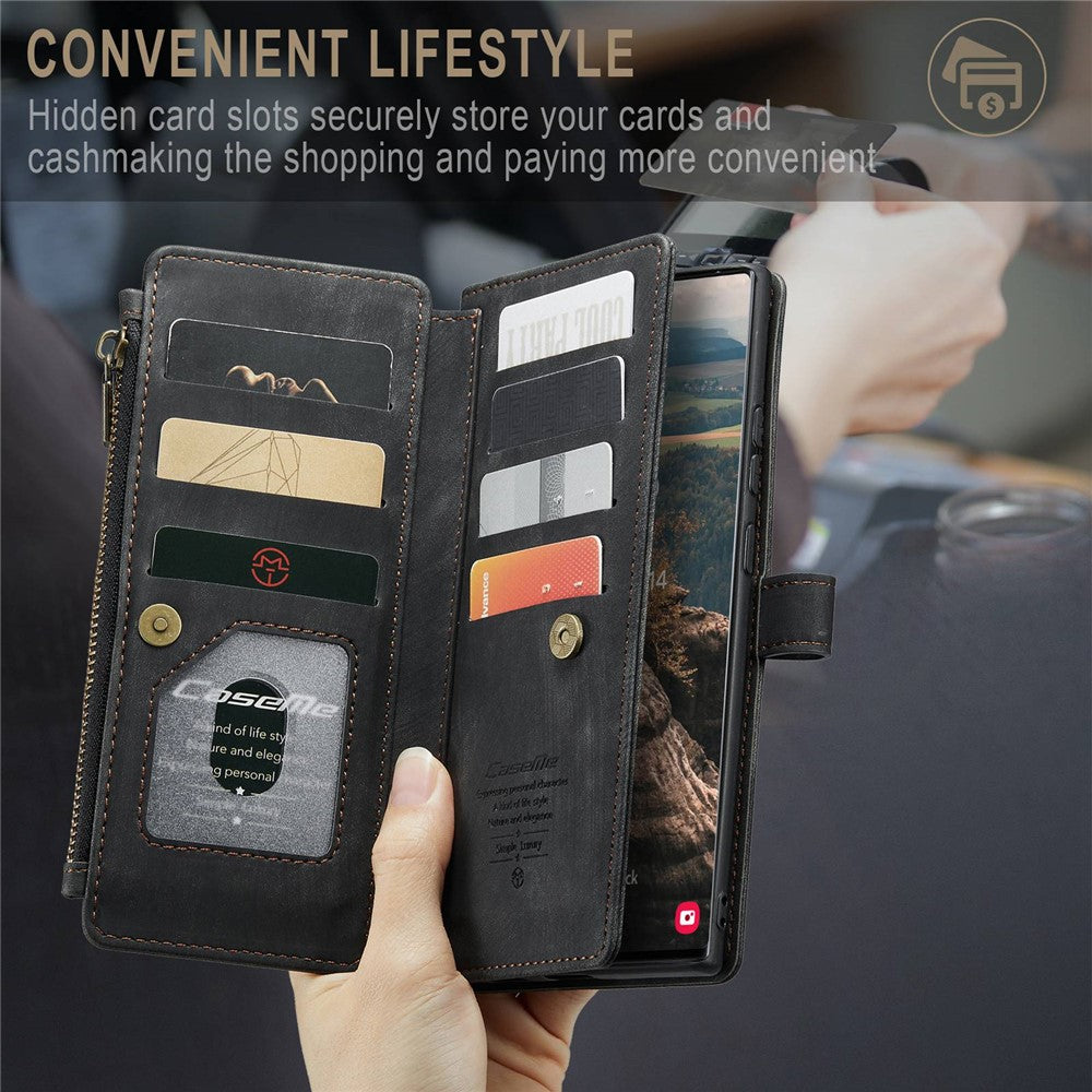For Samsung Galaxy S22 Ultra 5G Phone Cases with Strap CASEME C30 Zipper Multiple Card Holder PU Leather Cover