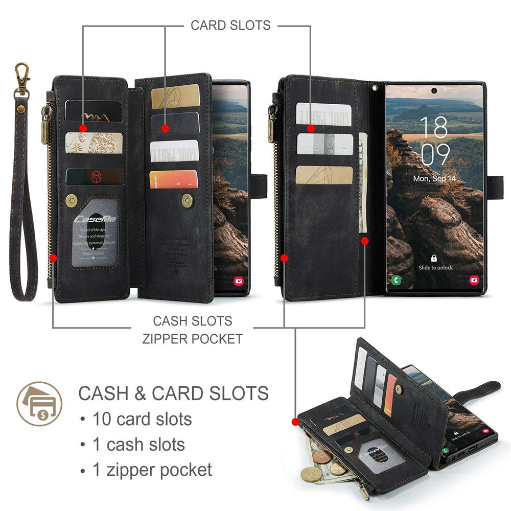 For Samsung Galaxy S22 Ultra 5G Phone Cases with Strap CASEME C30 Zipper Multiple Card Holder PU Leather Cover