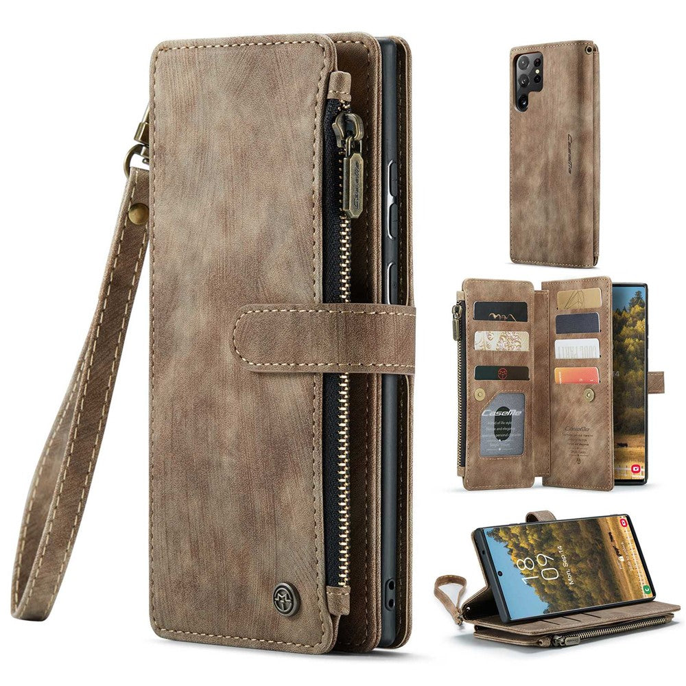 For Samsung Galaxy S22 Ultra 5G Phone Cases with Strap CASEME C30 Zipper Multiple Card Holder PU Leather Cover