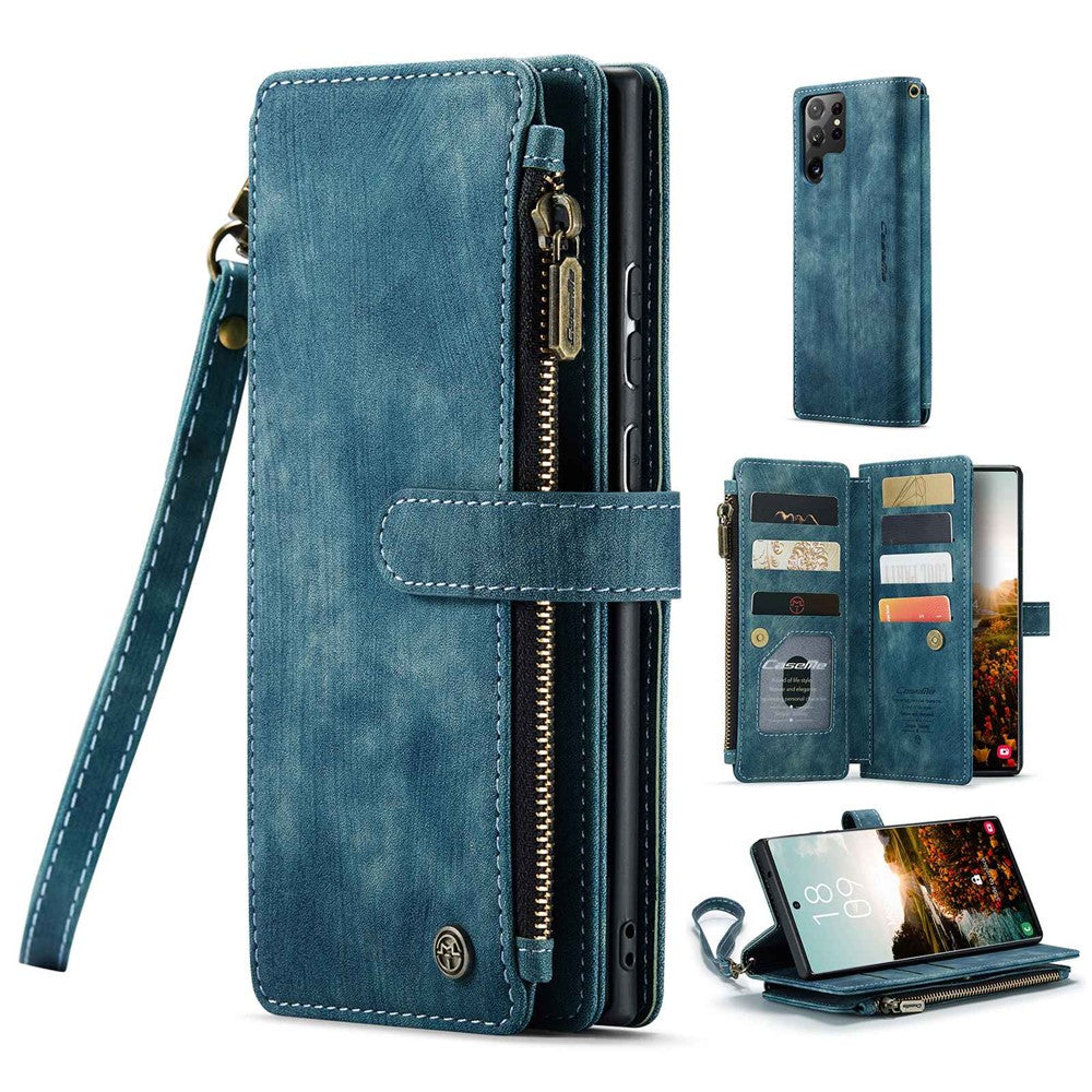 For Samsung Galaxy S22 Ultra 5G Phone Cases with Strap CASEME C30 Zipper Multiple Card Holder PU Leather Cover