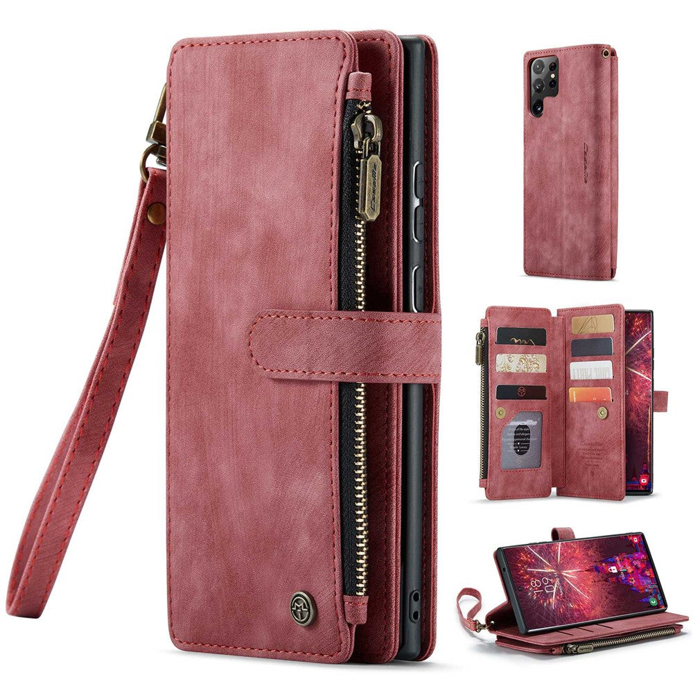 For Samsung Galaxy S22 Ultra 5G Phone Cases with Strap CASEME C30 Zipper Multiple Card Holder PU Leather Cover