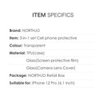 NORTHJO For iPhone 12 Pro 6.1 inch Tempered Glass Screen Protector Back Camera Lens Cover Soft TPU Phone Case