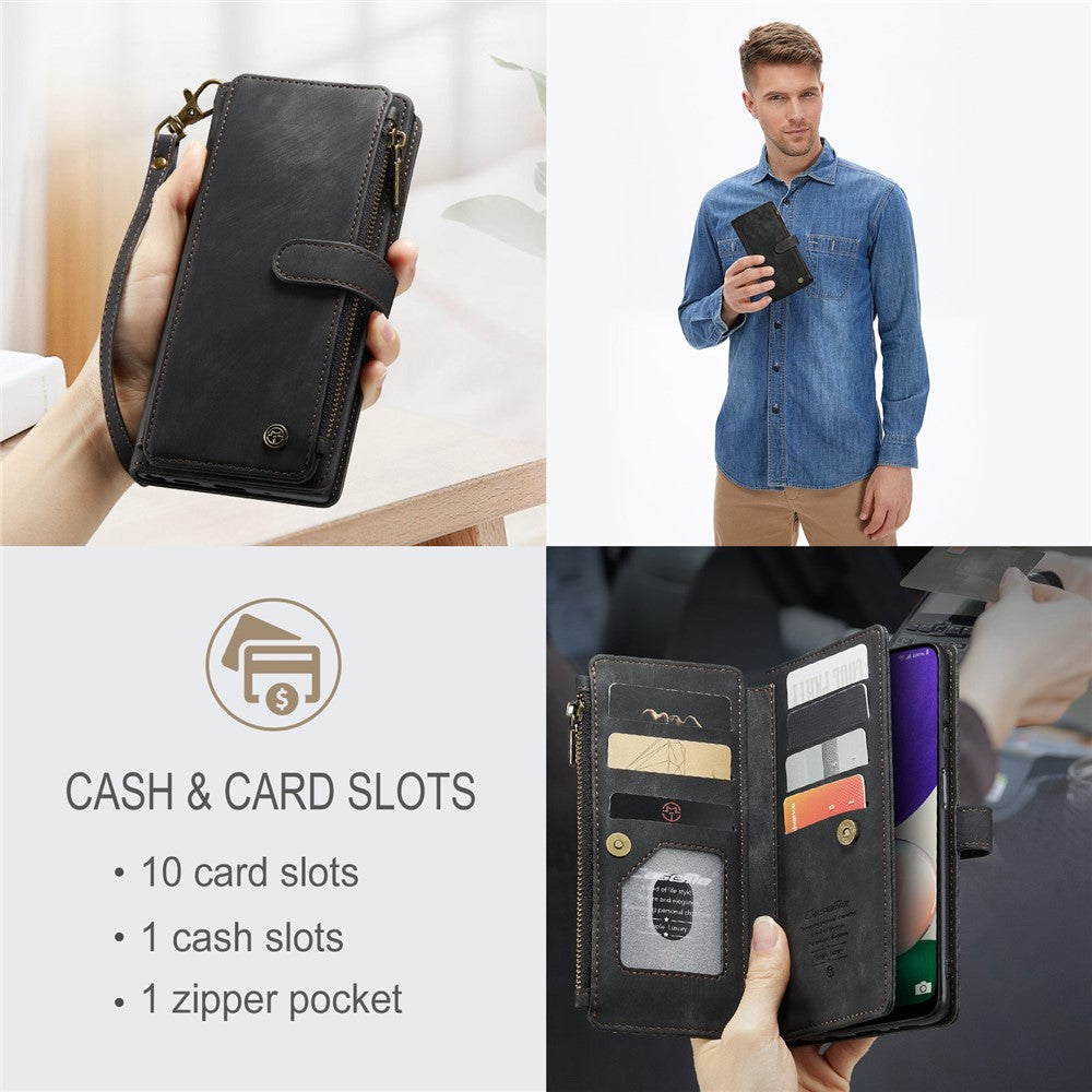 Samsung Galaxy A22 5G (EU) mobilskal med Rem CASEME C30 Dragkedja Flera Korthållare PU Läderfodral
