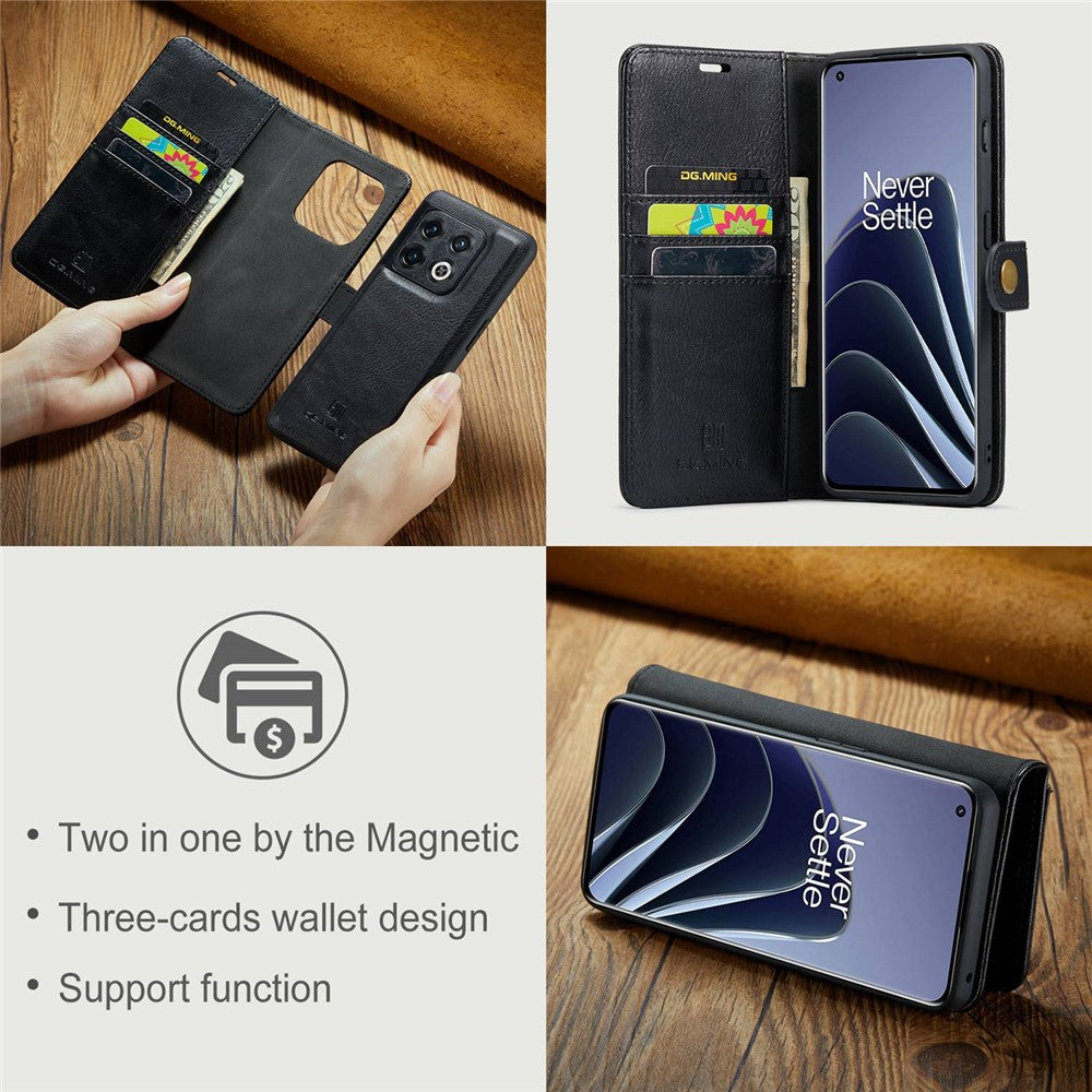 DG.MING Splitläderfodral till OnePlus 10 Pro 5G, stötsäkert avtagbart mobilmobilfodral med plånboksställ
