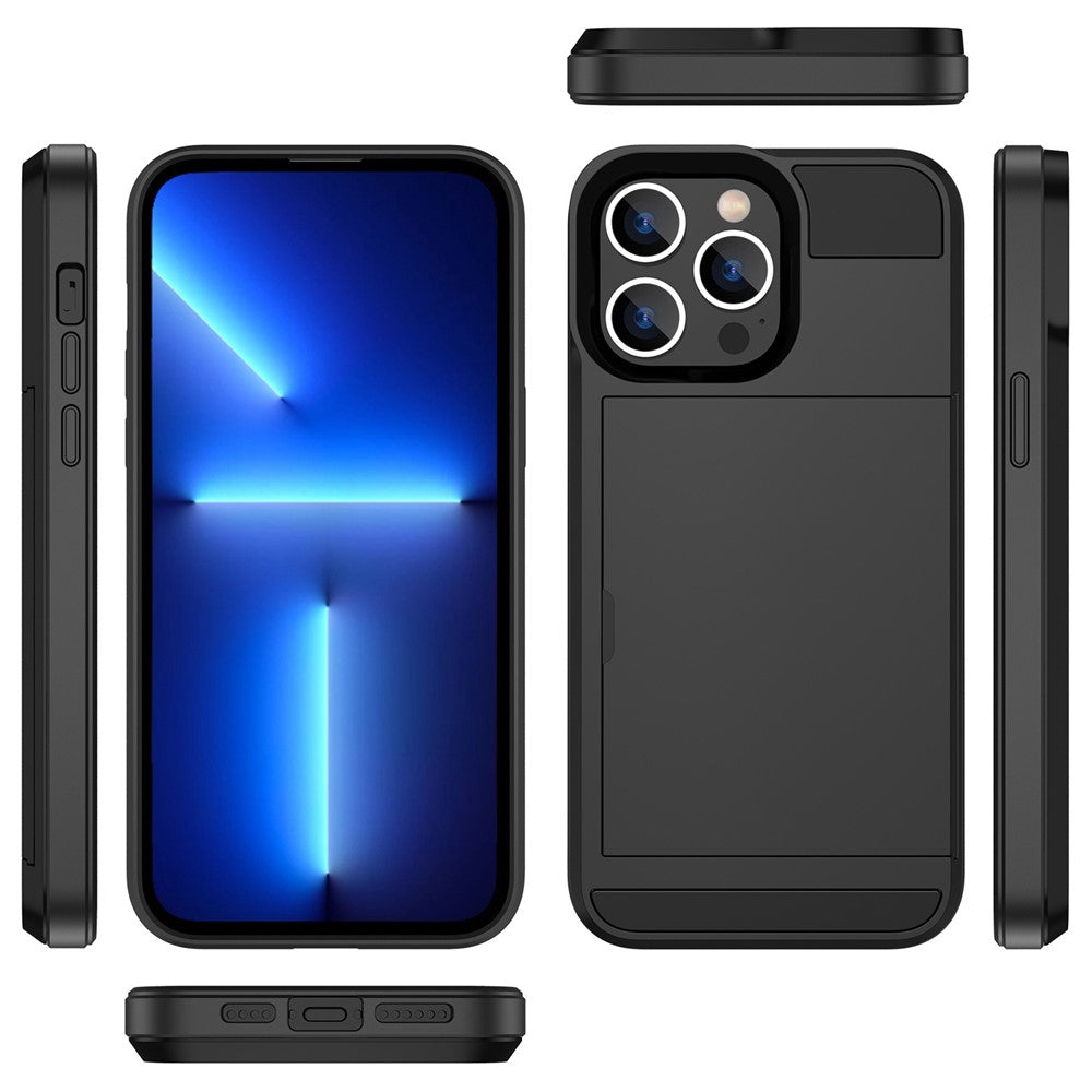 For iPhone 14 Pro 6.1 inch Anti-scratch Phone Case with Sliding Card Holder Smooth Surface PC + TPU Hybrid Phone Shell