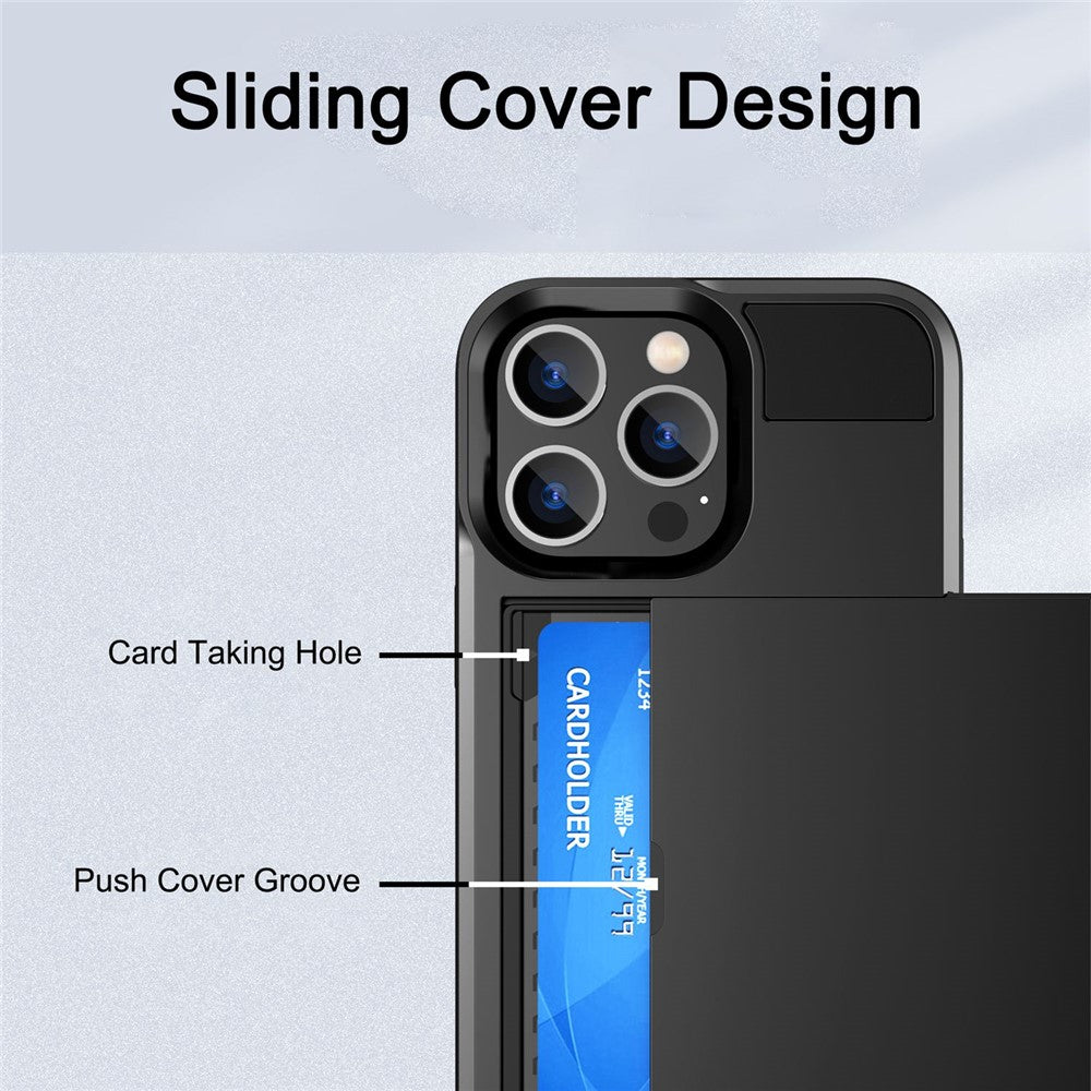 For iPhone 14 Pro 6.1 inch Anti-scratch Phone Case with Sliding Card Holder Smooth Surface PC + TPU Hybrid Phone Shell
