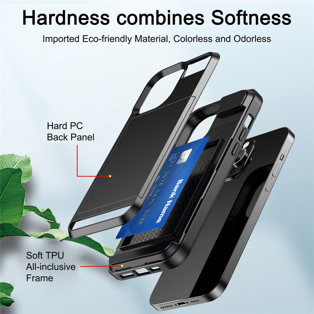 For iPhone 14 Pro 6.1 inch Anti-scratch Phone Case with Sliding Card Holder Smooth Surface PC + TPU Hybrid Phone Shell