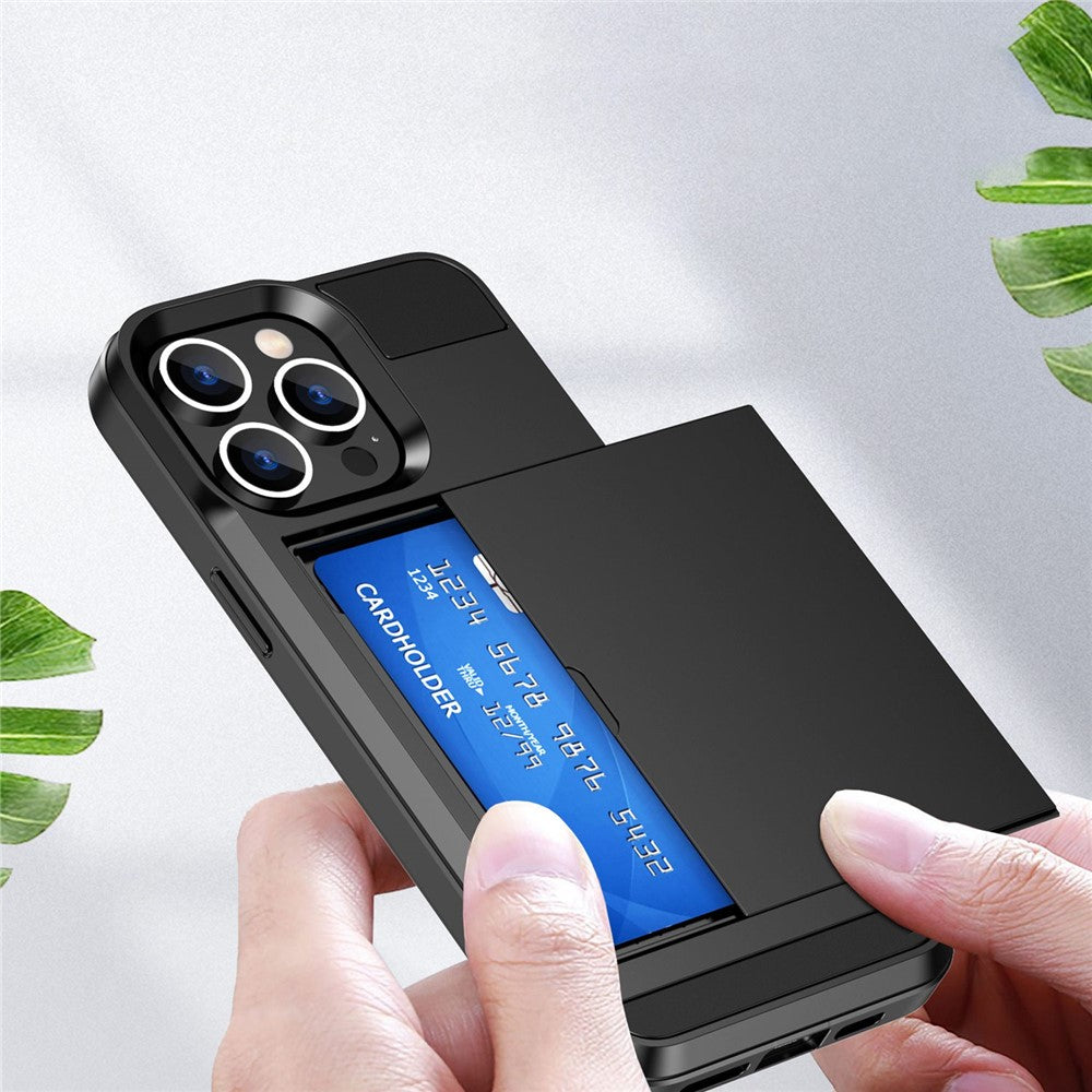 For iPhone 14 Pro 6.1 inch Anti-scratch Phone Case with Sliding Card Holder Smooth Surface PC + TPU Hybrid Phone Shell