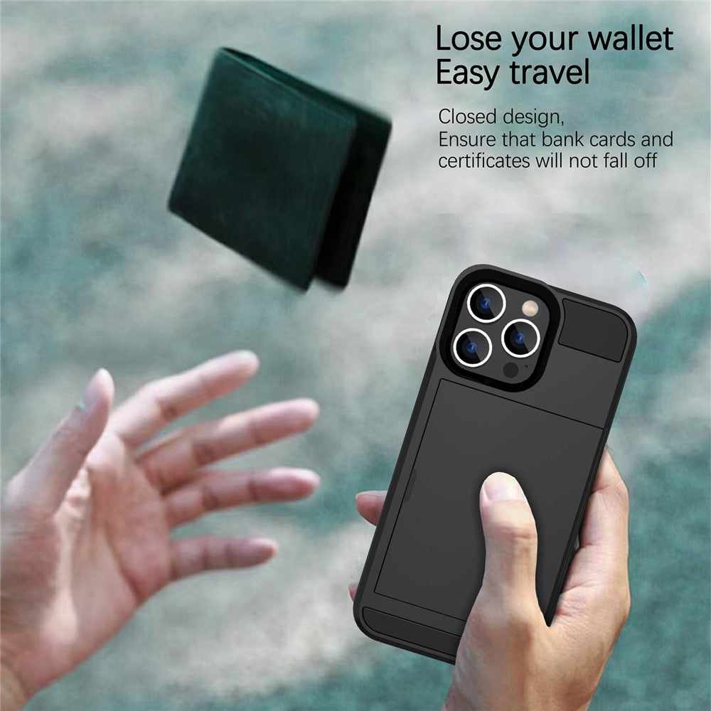 For iPhone 14 Pro 6.1 inch Anti-scratch Phone Case with Sliding Card Holder Smooth Surface PC + TPU Hybrid Phone Shell