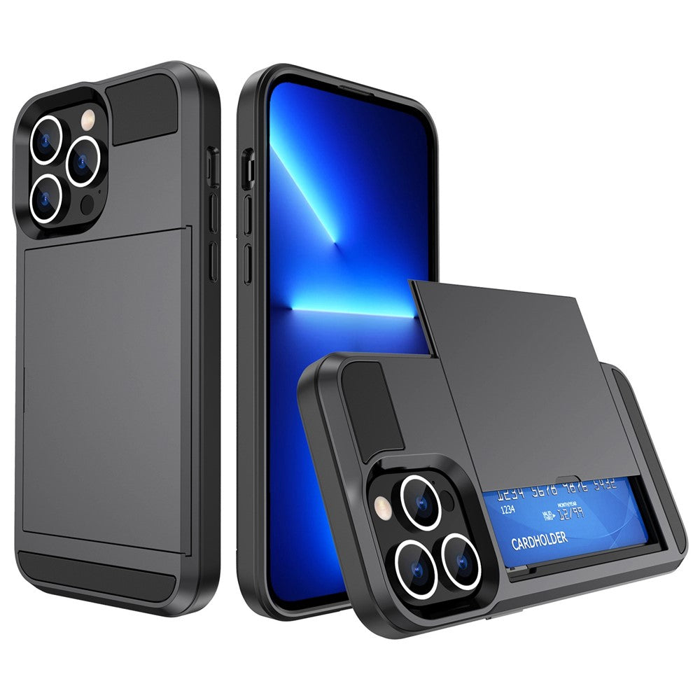 For iPhone 14 Pro 6.1 inch Anti-scratch Phone Case with Sliding Card Holder Smooth Surface PC + TPU Hybrid Phone Shell