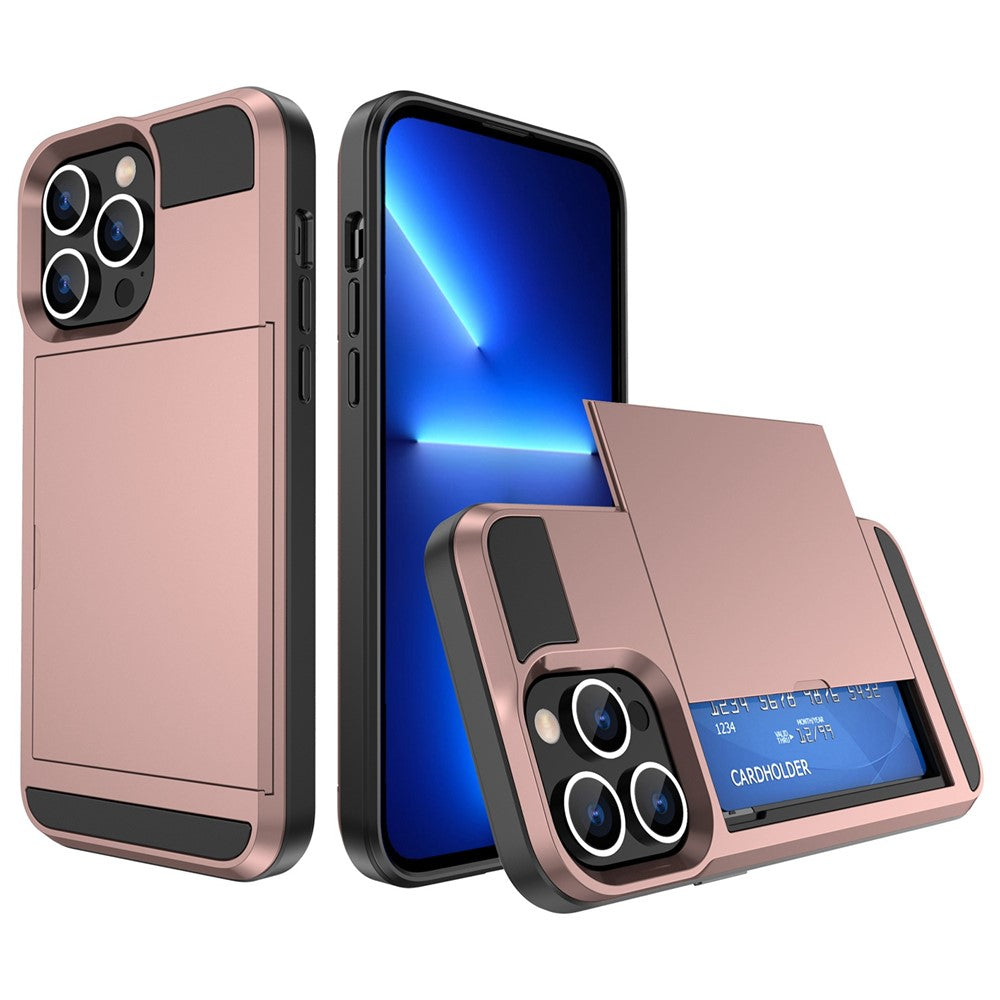 For iPhone 14 Pro 6.1 inch Anti-scratch Phone Case with Sliding Card Holder Smooth Surface PC + TPU Hybrid Phone Shell