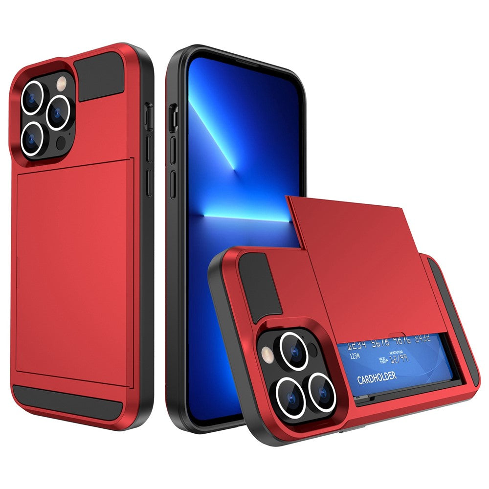 For iPhone 14 Pro 6.1 inch Anti-scratch Phone Case with Sliding Card Holder Smooth Surface PC + TPU Hybrid Phone Shell