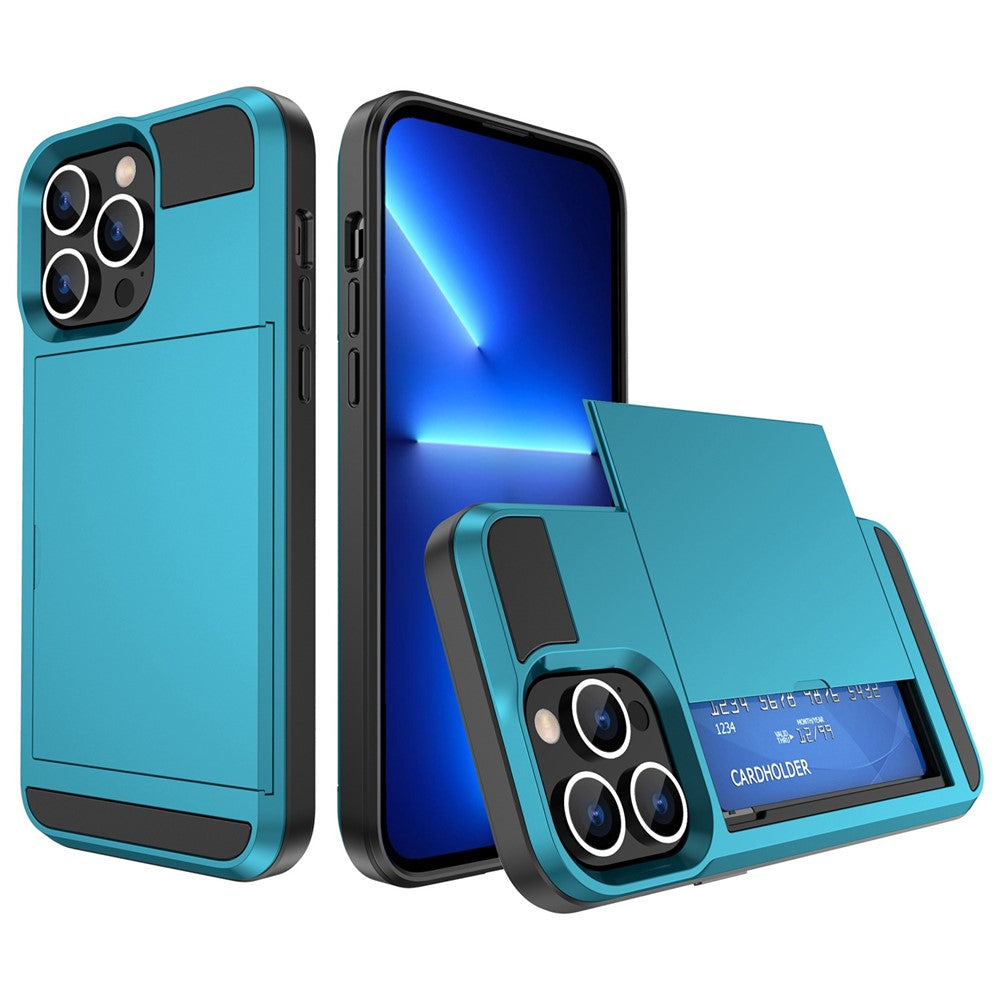For iPhone 14 Pro 6.1 inch Anti-scratch Phone Case with Sliding Card Holder Smooth Surface PC + TPU Hybrid Phone Shell