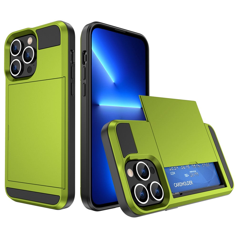 For iPhone 14 Pro 6.1 inch Anti-scratch Phone Case with Sliding Card Holder Smooth Surface PC + TPU Hybrid Phone Shell