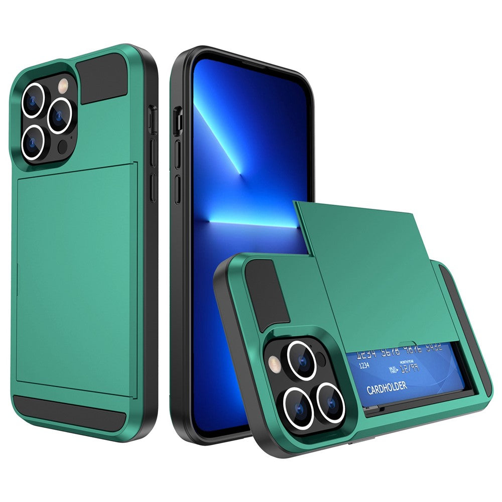 For iPhone 14 Pro Max 6.7 inch Anti-drop Phone Case with Sliding Cover Design Card Holder PC + TPU Hybrid Phone Shell