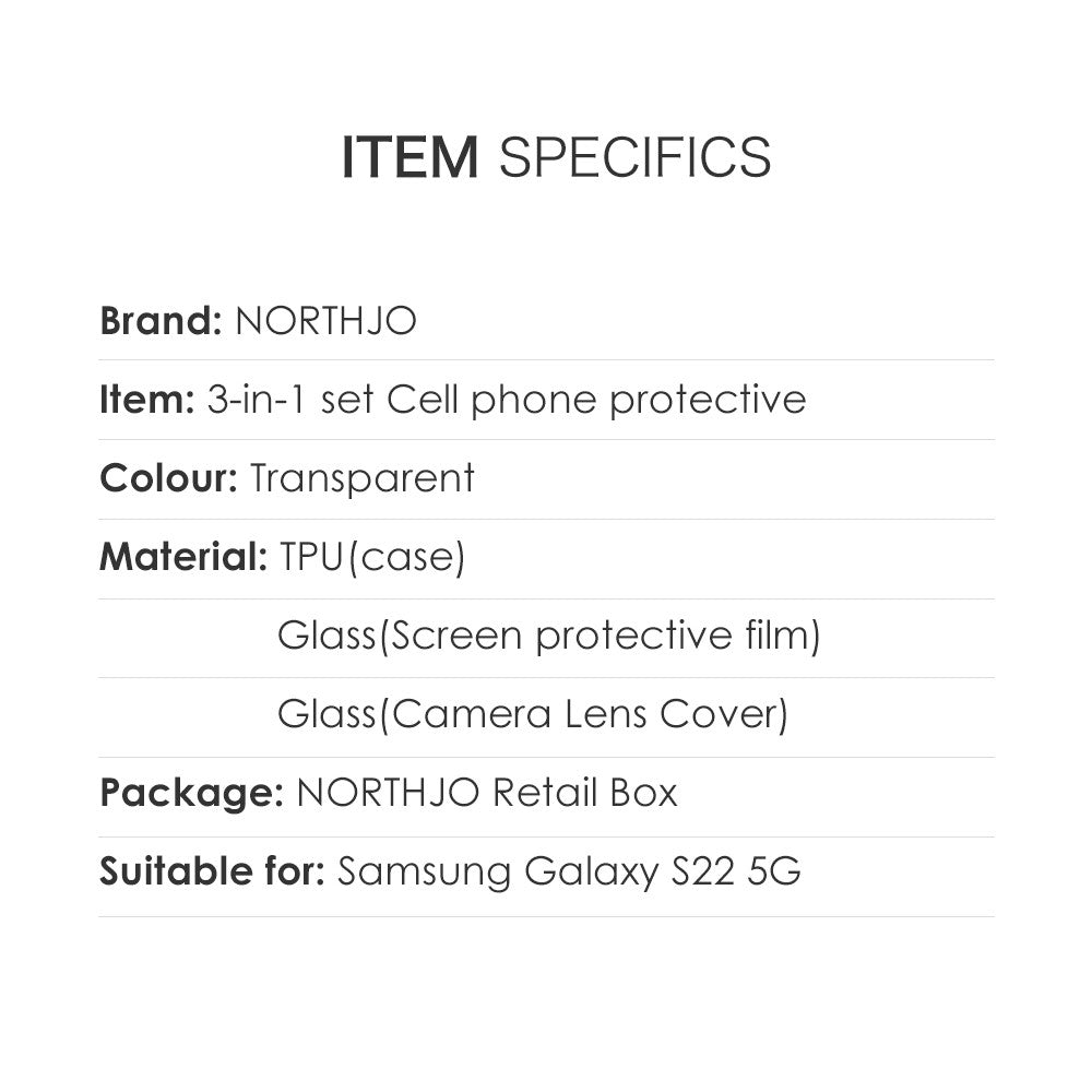 NORTHJO blødt TPU-etui til Samsung Galaxy S22 5G med ridsefast skærmbeskytter af hærdet glas og beskyttelse til bagkameraets linse