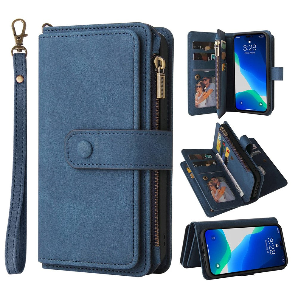 For iPhone 14 Pro Max Zipper Wallet Case with 15 Card Slots and Strap Leather Phone Cover