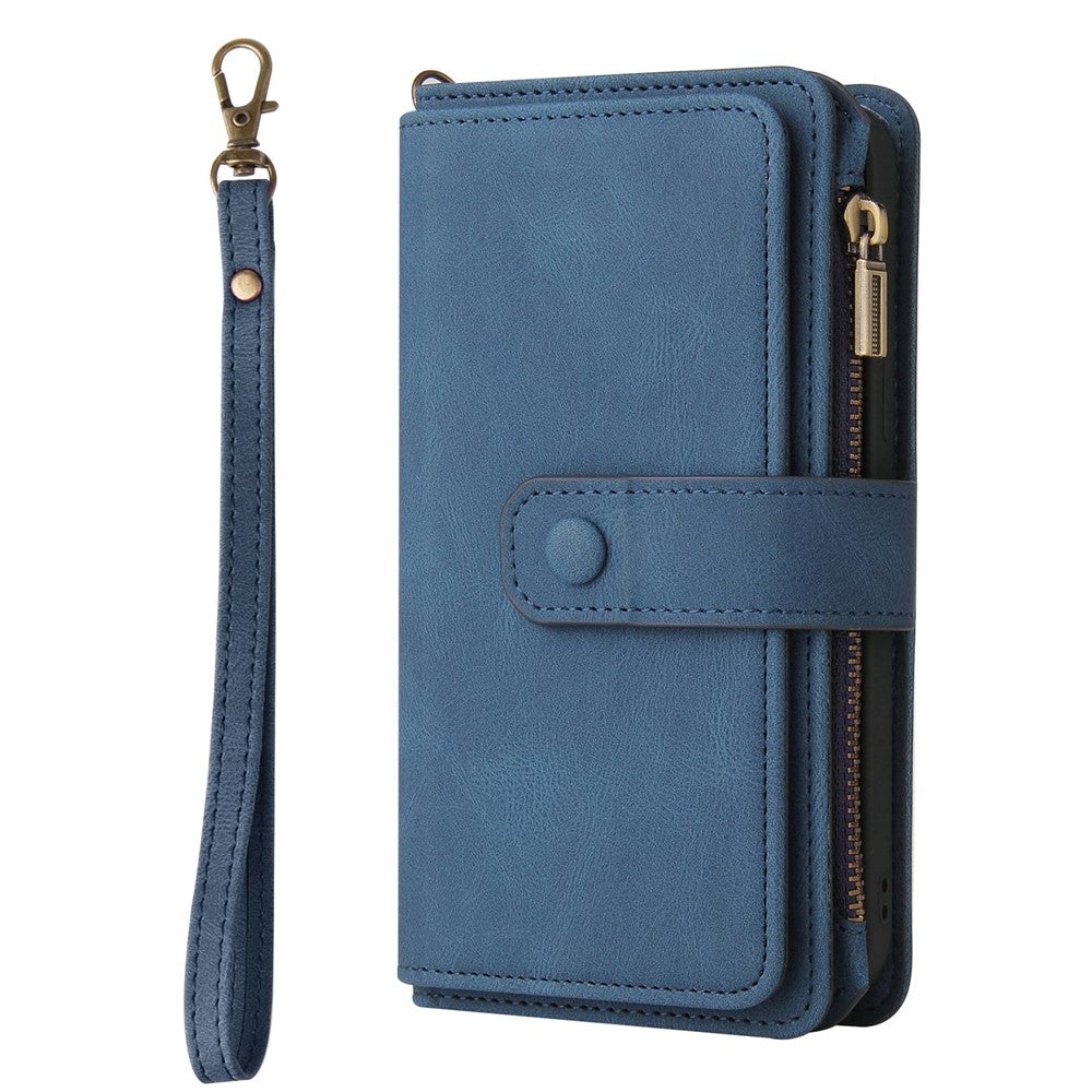 For iPhone 14 Pro Max Zipper Wallet Case with 15 Card Slots and Strap Leather Phone Cover