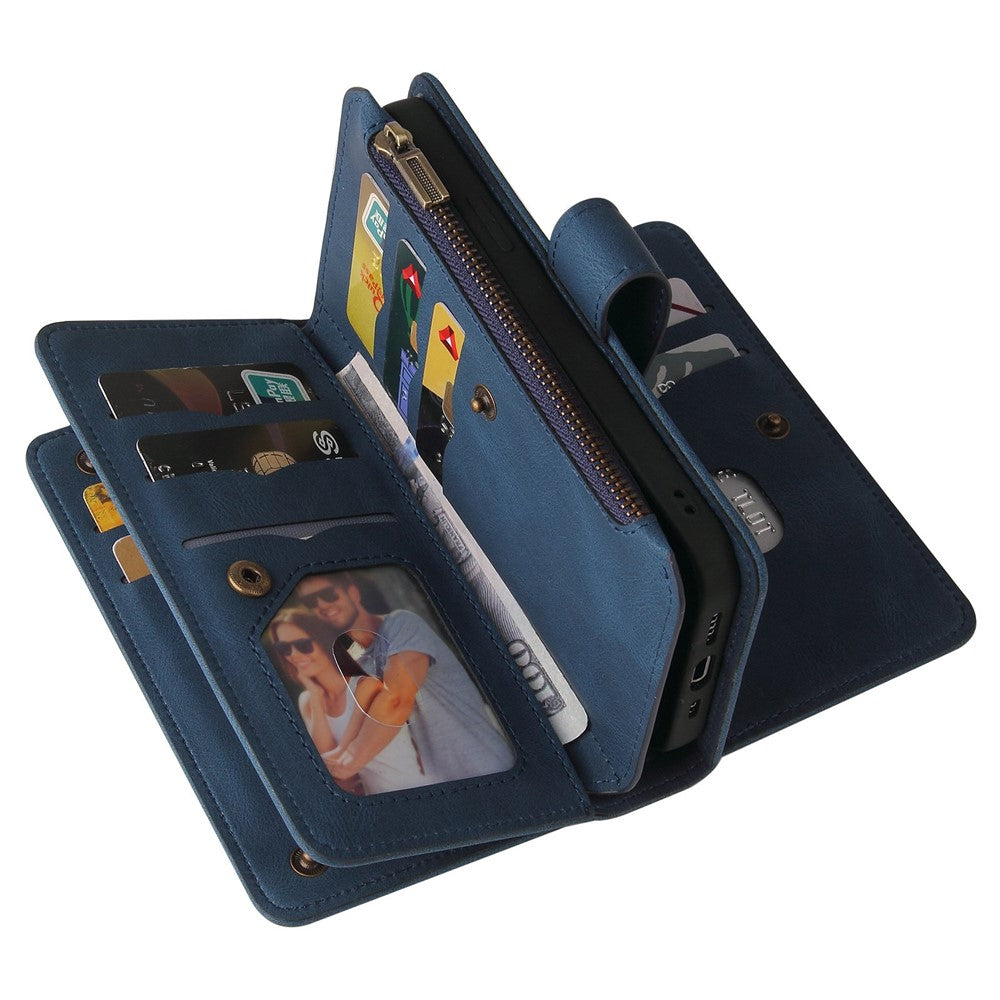 For iPhone 14 Pro Max Zipper Wallet Case with 15 Card Slots and Strap Leather Phone Cover