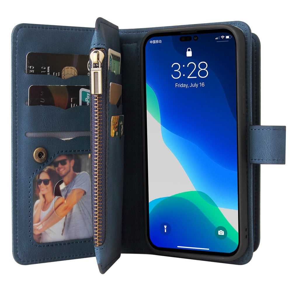 For iPhone 14 Pro Max Zipper Wallet Case with 15 Card Slots and Strap Leather Phone Cover