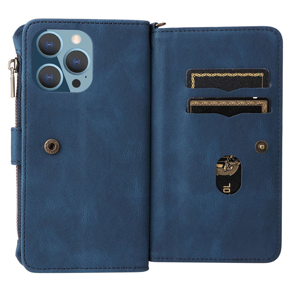 For iPhone 14 Pro Max Zipper Wallet Case with 15 Card Slots and Strap Leather Phone Cover