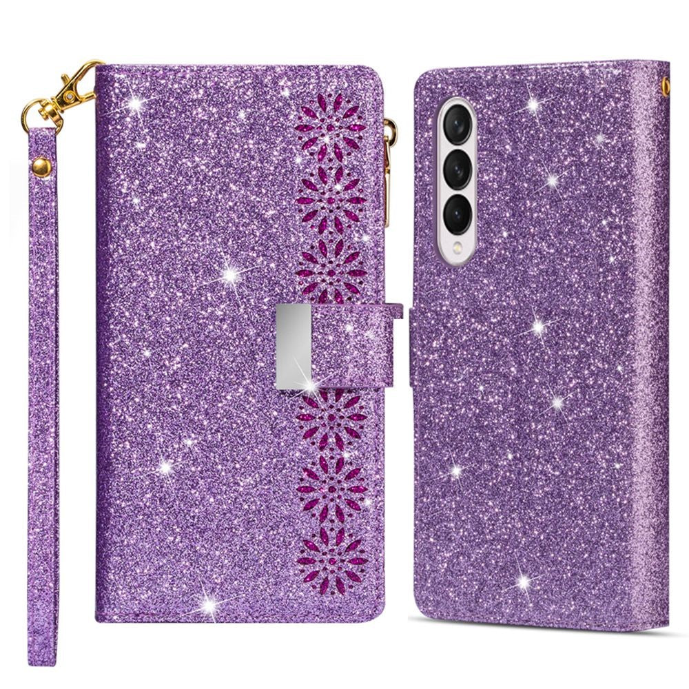For Samsung Galaxy Z Fold4 5G Style Bling Star Laser Workmanship Phone Cover Bag Zipper Wallet Stand Anti-wear Leather Phone Case with Strap