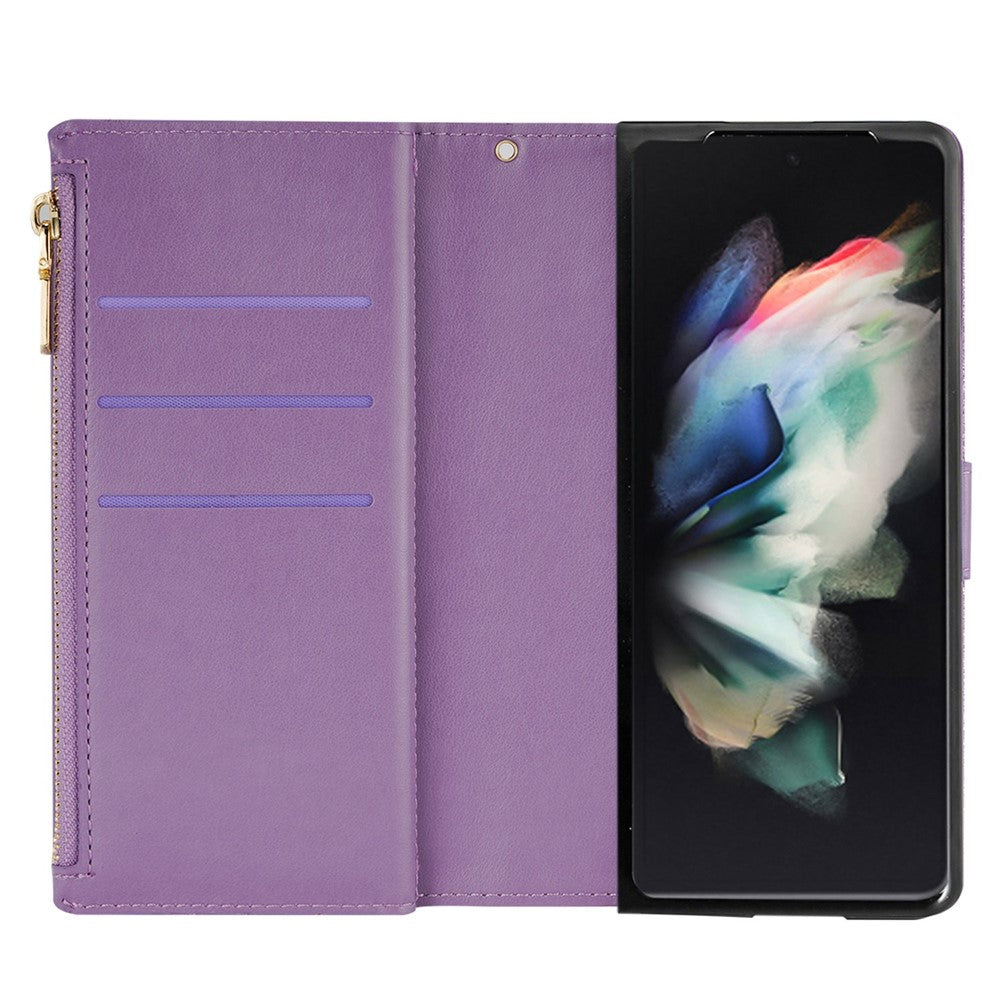 For Samsung Galaxy Z Fold4 5G Style Bling Star Laser Workmanship Phone Cover Bag Zipper Wallet Stand Anti-wear Leather Phone Case with Strap