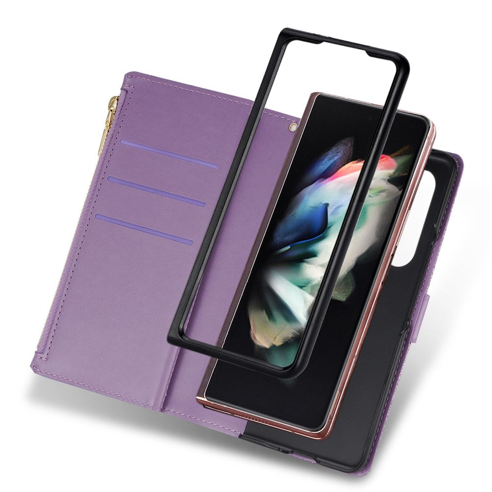 For Samsung Galaxy Z Fold4 5G Style Bling Star Laser Workmanship Phone Cover Bag Zipper Wallet Stand Anti-wear Leather Phone Case with Strap