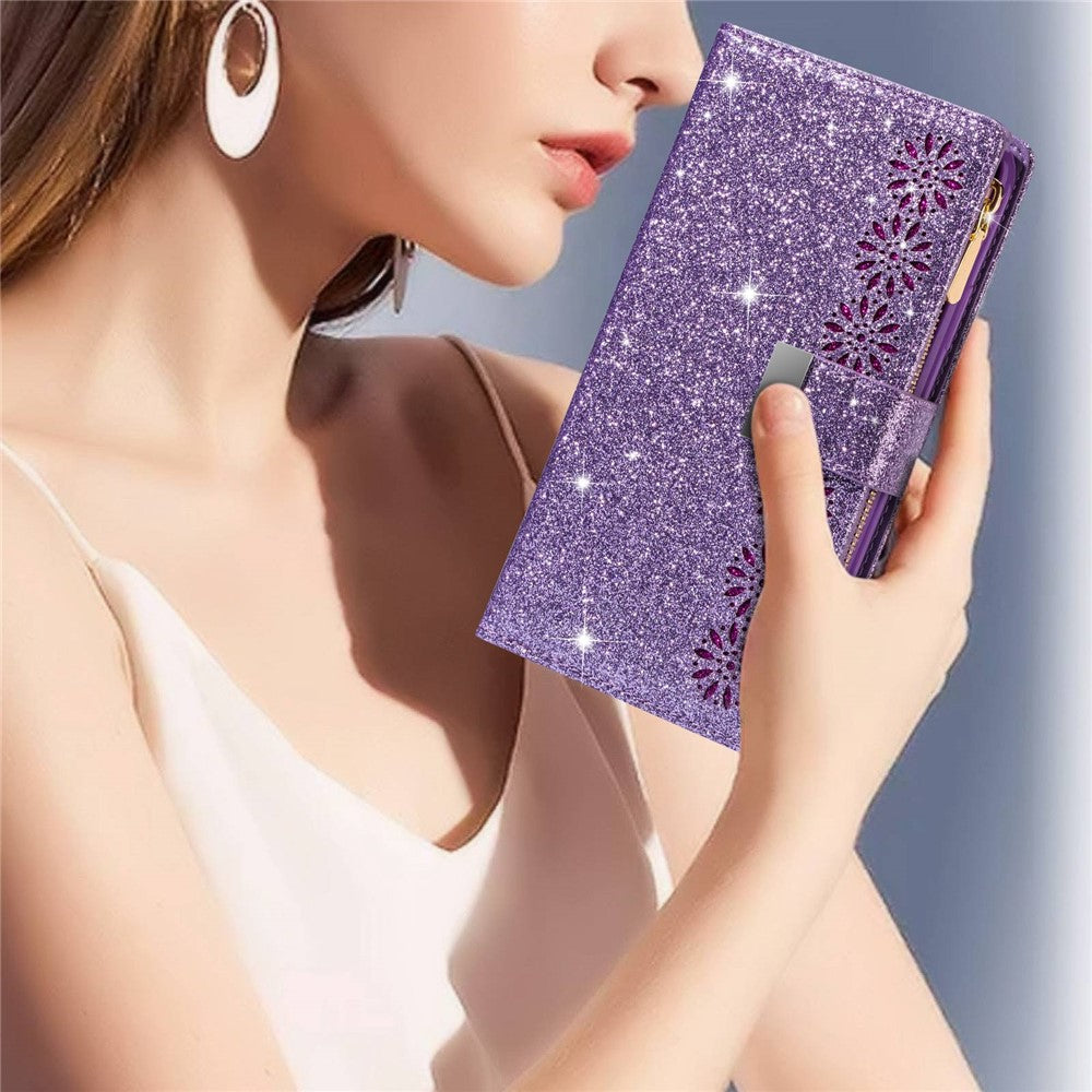 For Samsung Galaxy Z Fold4 5G Style Bling Star Laser Workmanship Phone Cover Bag Zipper Wallet Stand Anti-wear Leather Phone Case with Strap