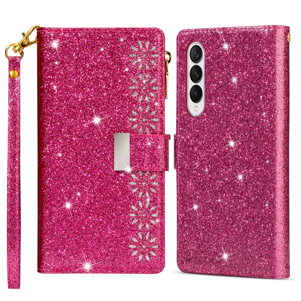 For Samsung Galaxy Z Fold4 5G Style Bling Star Laser Workmanship Phone Cover Bag Zipper Wallet Stand Anti-wear Leather Phone Case with Strap