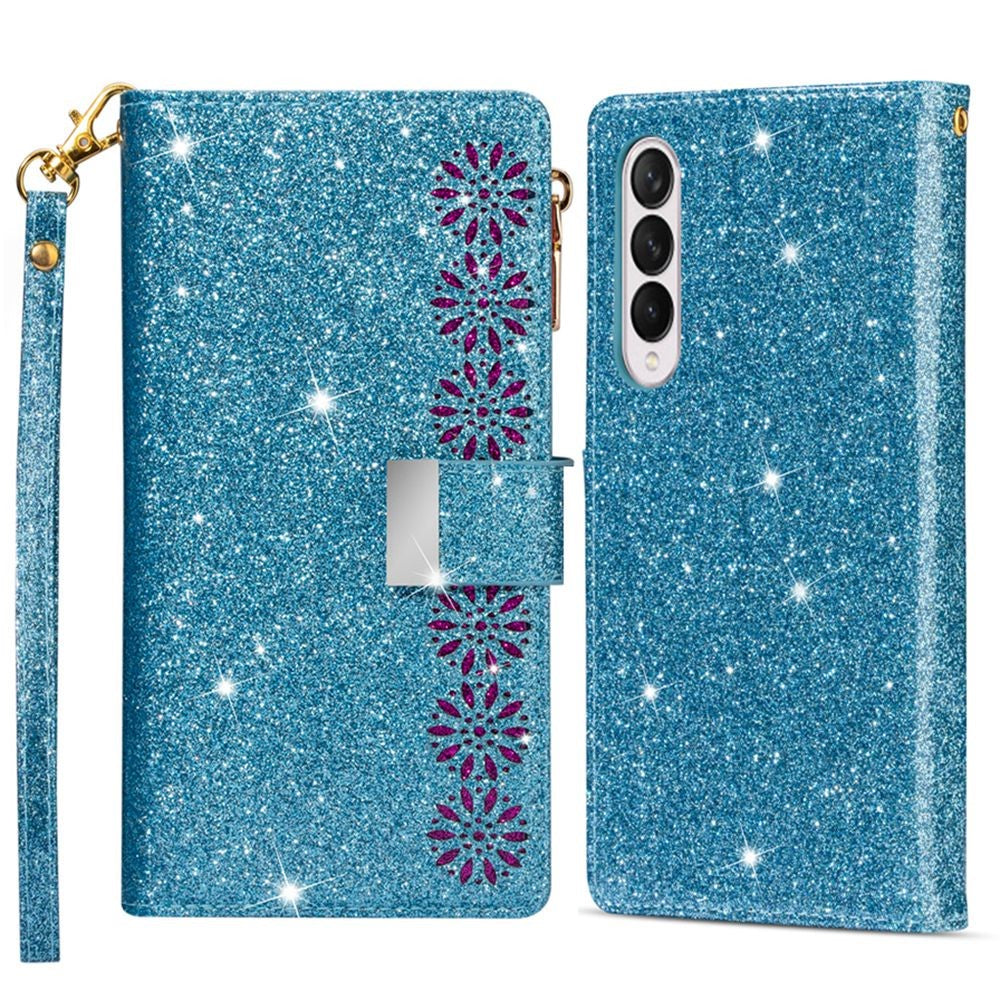 For Samsung Galaxy Z Fold4 5G Style Bling Star Laser Workmanship Phone Cover Bag Zipper Wallet Stand Anti-wear Leather Phone Case with Strap
