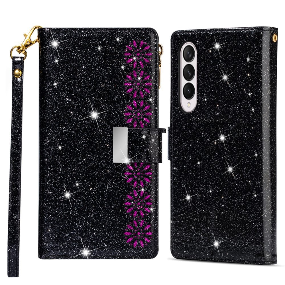 For Samsung Galaxy Z Fold4 5G Style Bling Star Laser Workmanship Phone Cover Bag Zipper Wallet Stand Anti-wear Leather Phone Case with Strap