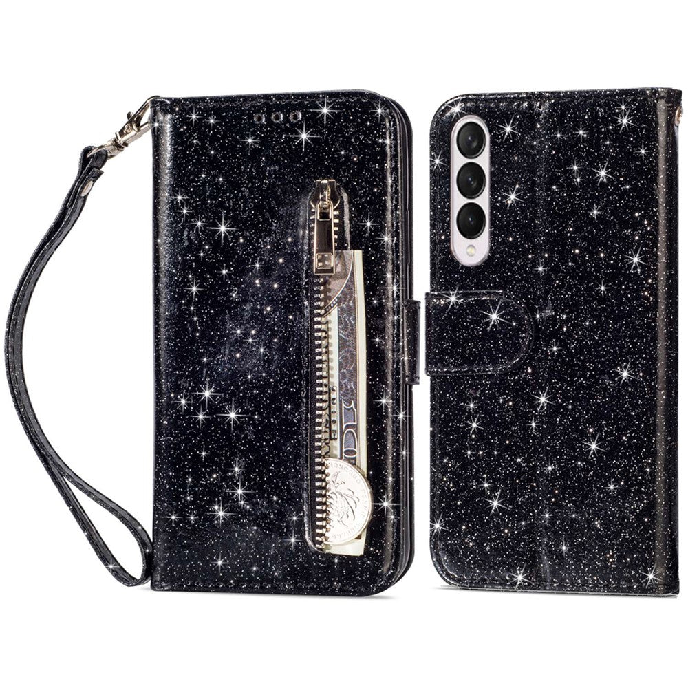 For Samsung Galaxy Z Fold4 5G Zipper Pocket Glittery PU Leather Case Wallet Stand Magnetic Clasp Phone Cover