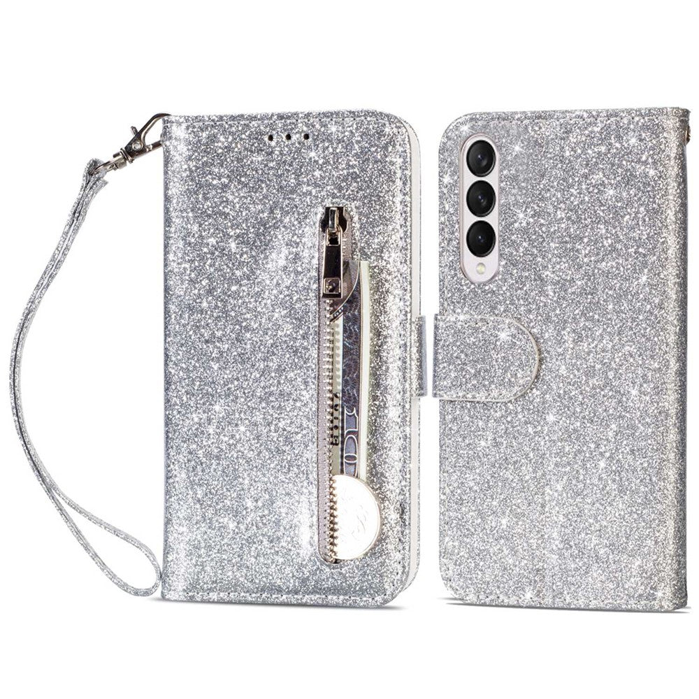 For Samsung Galaxy Z Fold4 5G Zipper Pocket Glittery PU Leather Case Wallet Stand Magnetic Clasp Phone Cover