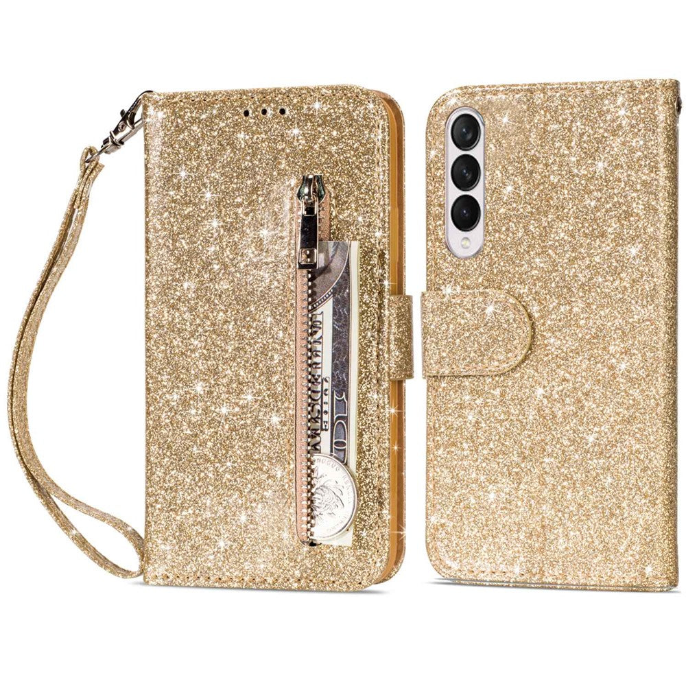 For Samsung Galaxy Z Fold4 5G Zipper Pocket Glittery PU Leather Case Wallet Stand Magnetic Clasp Phone Cover