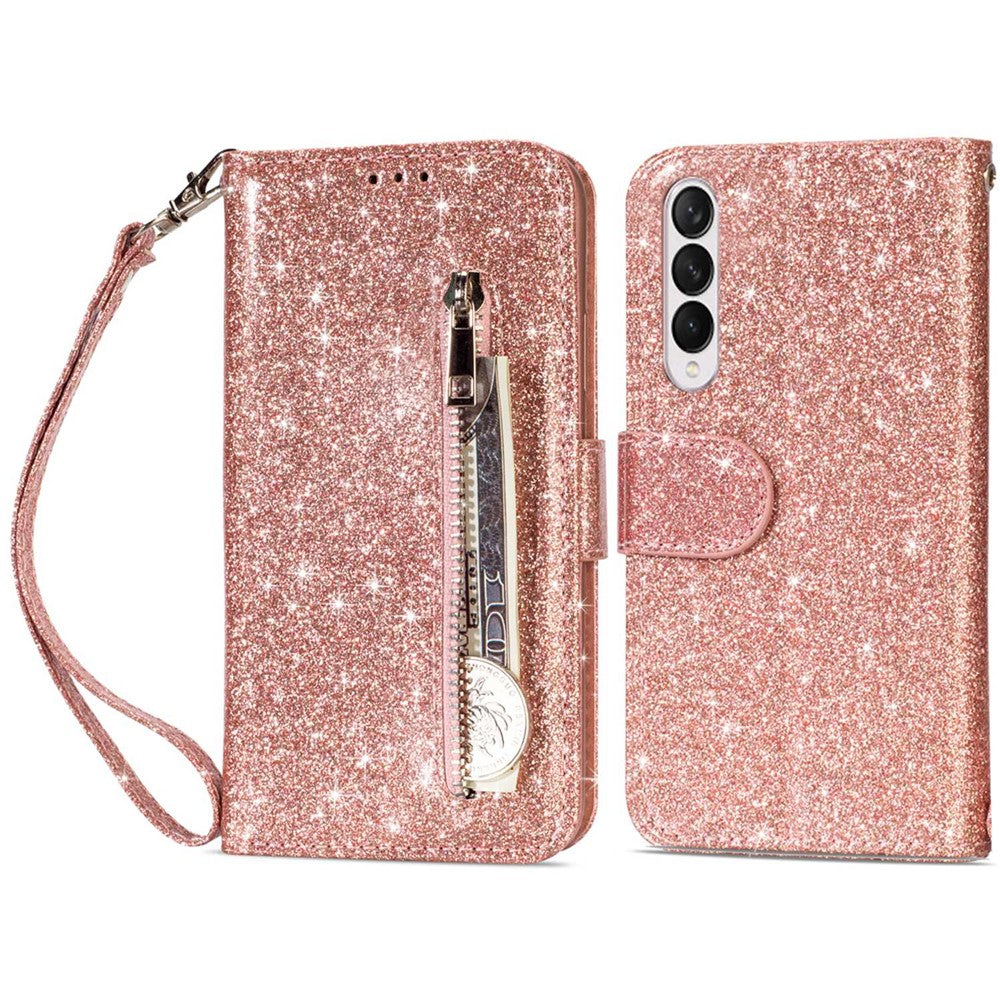 For Samsung Galaxy Z Fold4 5G Zipper Pocket Glittery PU Leather Case Wallet Stand Magnetic Clasp Phone Cover
