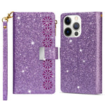 For iPhone 14 Pro Max 6.7 inch Flip Cover, Fall Proof Laser Carving Glittery Starry Style Zipper Wallet Stand Leather Phone Case with Strap