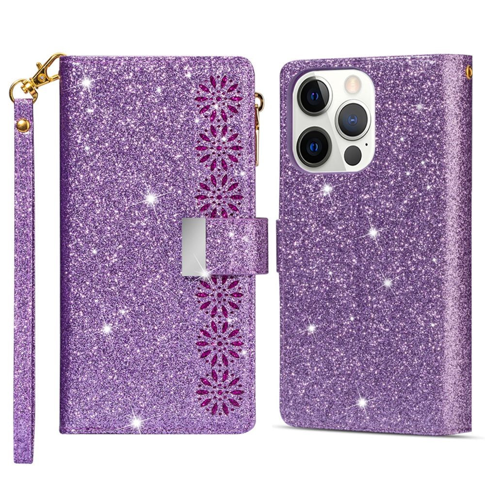 For iPhone 14 Pro Max 6.7 inch Flip Cover, Fall Proof Laser Carving Glittery Starry Style Zipper Wallet Stand Leather Phone Case with Strap